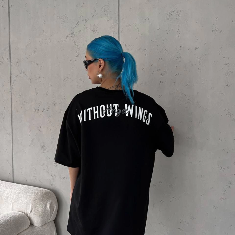 Bisiklet Yaka Baskılı Oversize T-Shirt - Siyah -