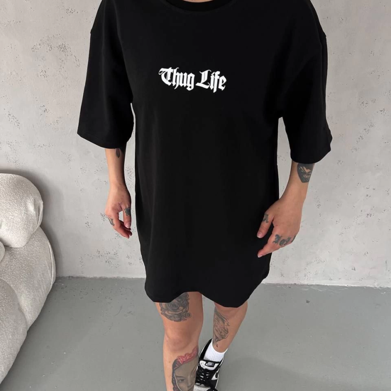 Bisiklet Yaka Baskılı Oversize T-Shirt - Siyah -