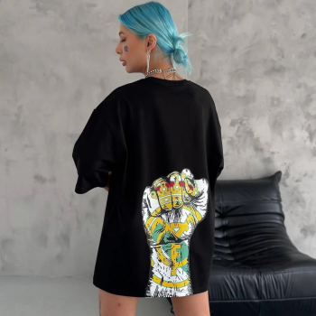Bisiklet Yaka Baskılı Oversize T-Shirt - Siyah