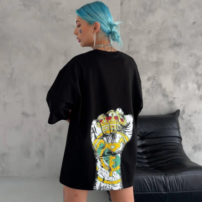 Bisiklet Yaka Baskılı Oversize T-Shirt - Siyah