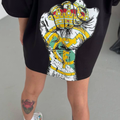 Bisiklet Yaka Baskılı Oversize T-Shirt - Siyah