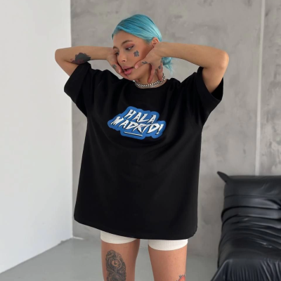 Bisiklet Yaka Baskılı Oversize T-Shirt - Siyah
