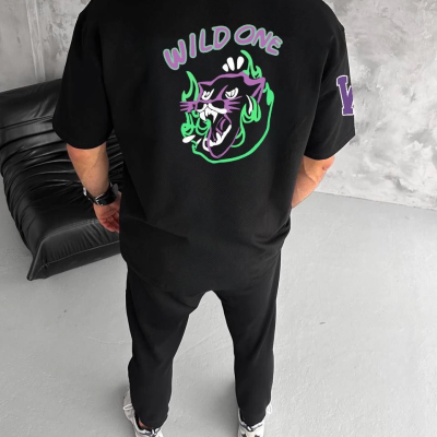 Bisiklet Yaka Baskılı Oversize T-Shirt - Siyah