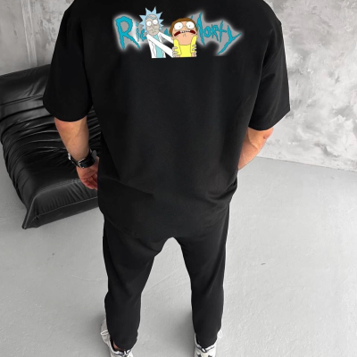 Bisiklet Yaka Baskılı Oversize T-Shirt - Siyah -