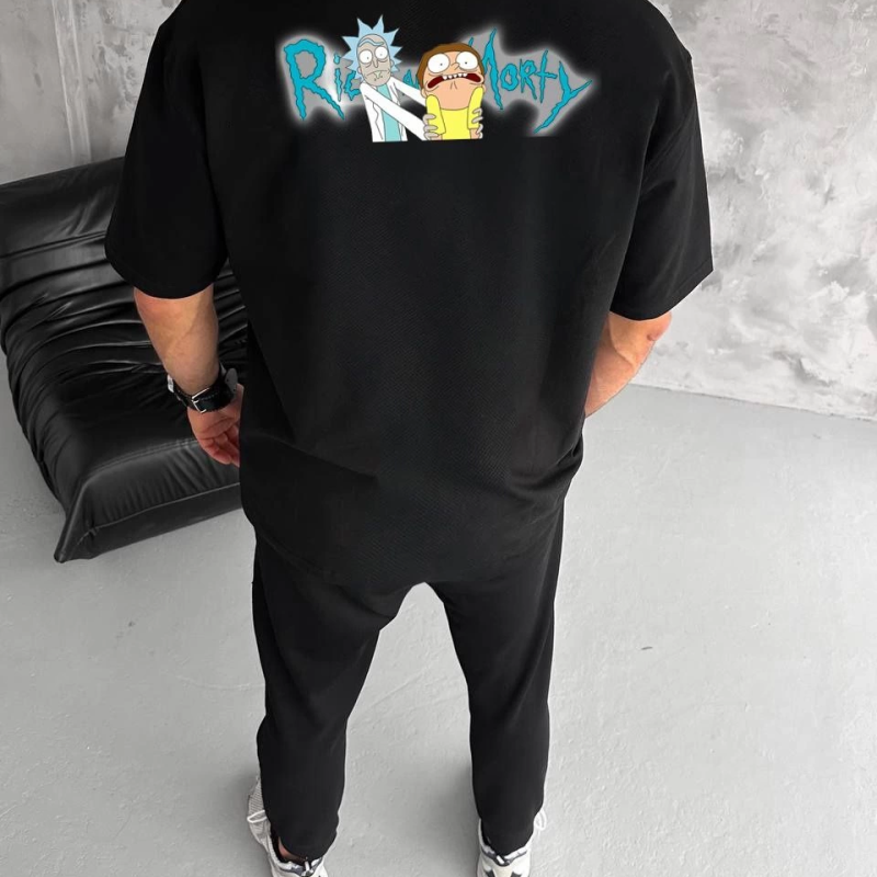 Bisiklet Yaka Baskılı Oversize T-Shirt - Siyah -