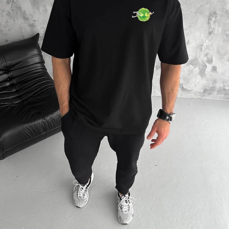 Bisiklet Yaka Baskılı Oversize T-Shirt - Siyah -