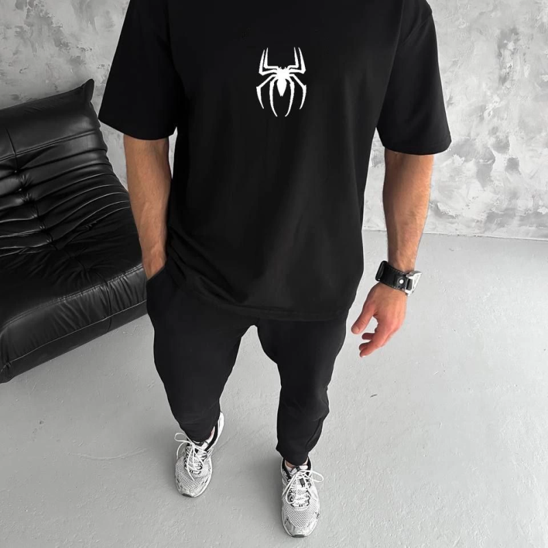 Bisiklet Yaka Baskılı Oversize T-Shirt - Siyah -