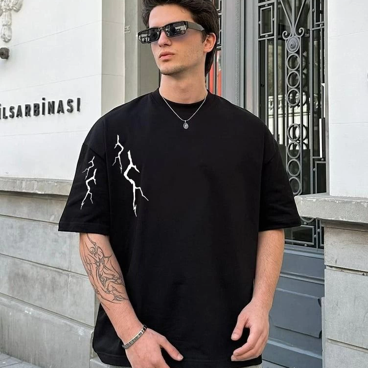 Bisiklet Yaka Baskılı Oversize T-Shirt - Siyah -