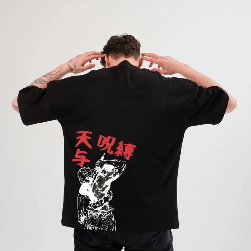 Bisiklet Yaka Baskılı Oversize T-Shirt - Siyah -