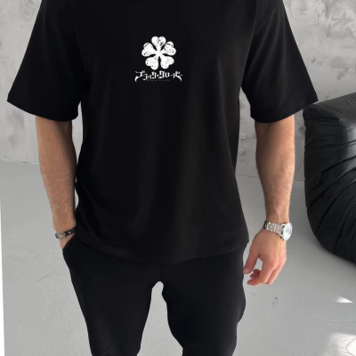 Bisiklet Yaka Baskılı Oversize T-Shirt - Siyah -