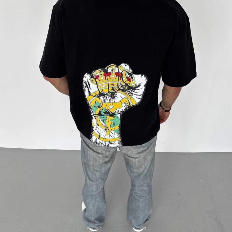 Bisiklet Yaka Baskılı Oversize T-Shirt - Siyah -