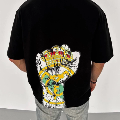 Bisiklet Yaka Baskılı Oversize T-Shirt - Siyah -