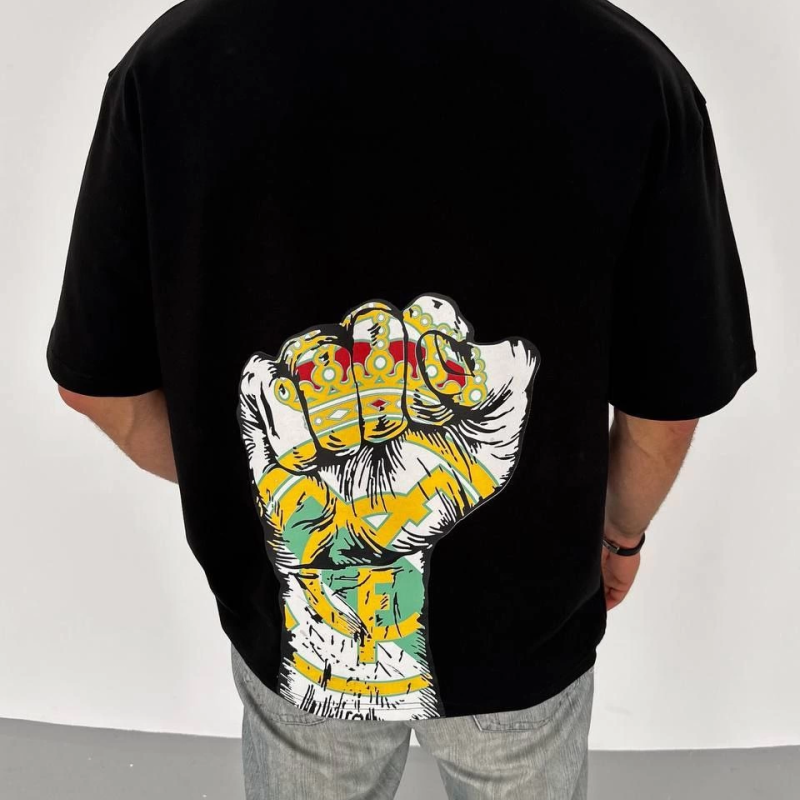 Bisiklet Yaka Baskılı Oversize T-Shirt - Siyah -