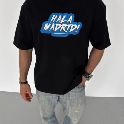 Bisiklet Yaka Baskılı Oversize T-Shirt - Siyah -