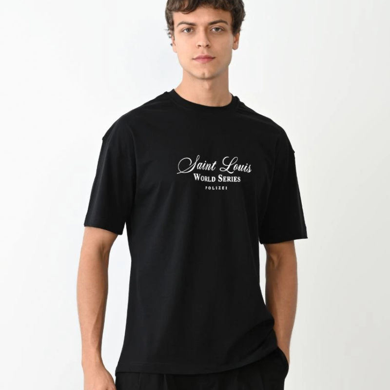 Bisiklet Yaka Baskılı Oversize T-Shirt - Siyah -