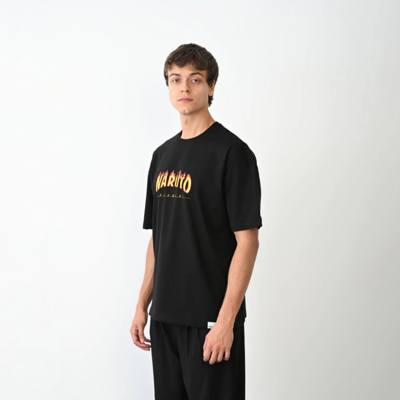 Bisiklet Yaka Baskılı Oversize T-Shirt - Siyah -