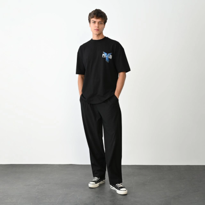 Bisiklet Yaka Baskılı Oversize T-Shirt - Siyah -