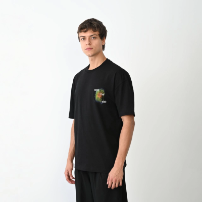 Bisiklet Yaka Baskılı Oversize T-Shirt - Siyah -