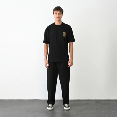 Bisiklet Yaka Baskılı Oversize T-Shirt - Siyah -