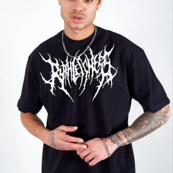 Bisiklet Yaka Baskılı Oversize T-Shirt - Siyah -