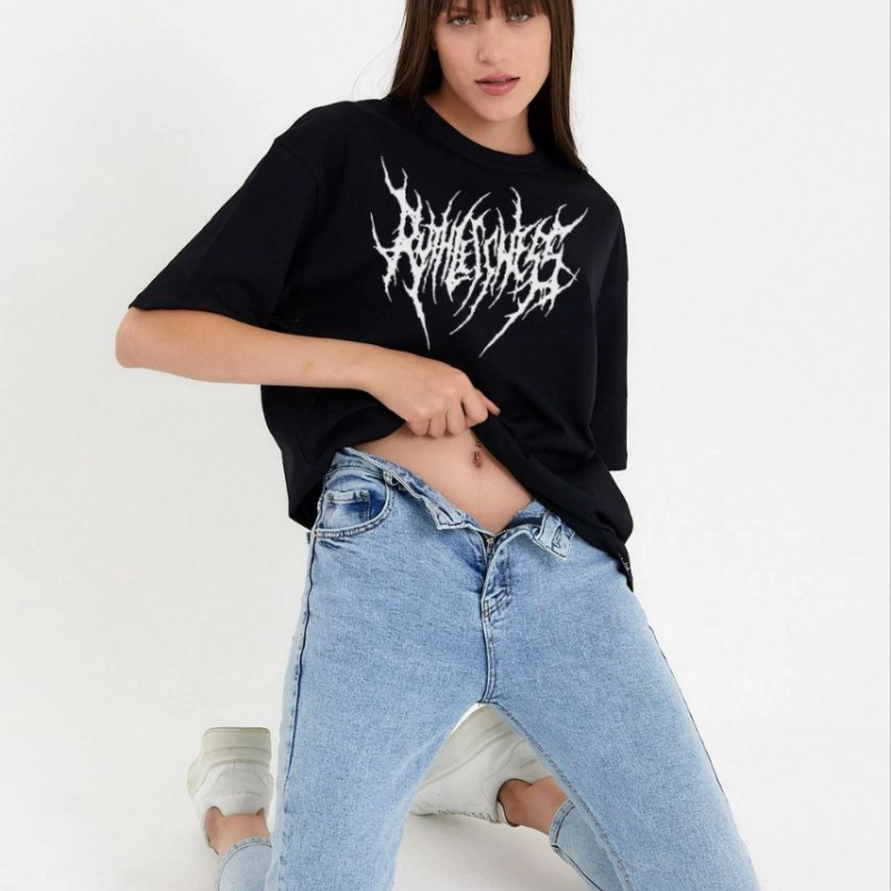 Bisiklet Yaka Baskılı Oversize T-Shirt - Siyah -