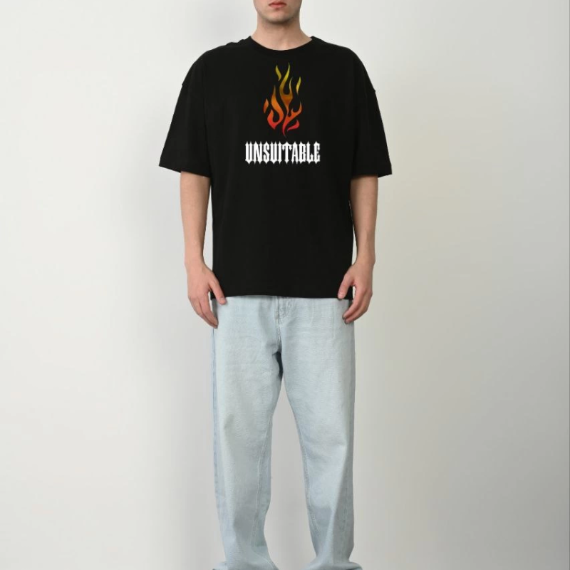 Bisiklet Yaka Baskılı Oversize T-Shirt - Siyah -