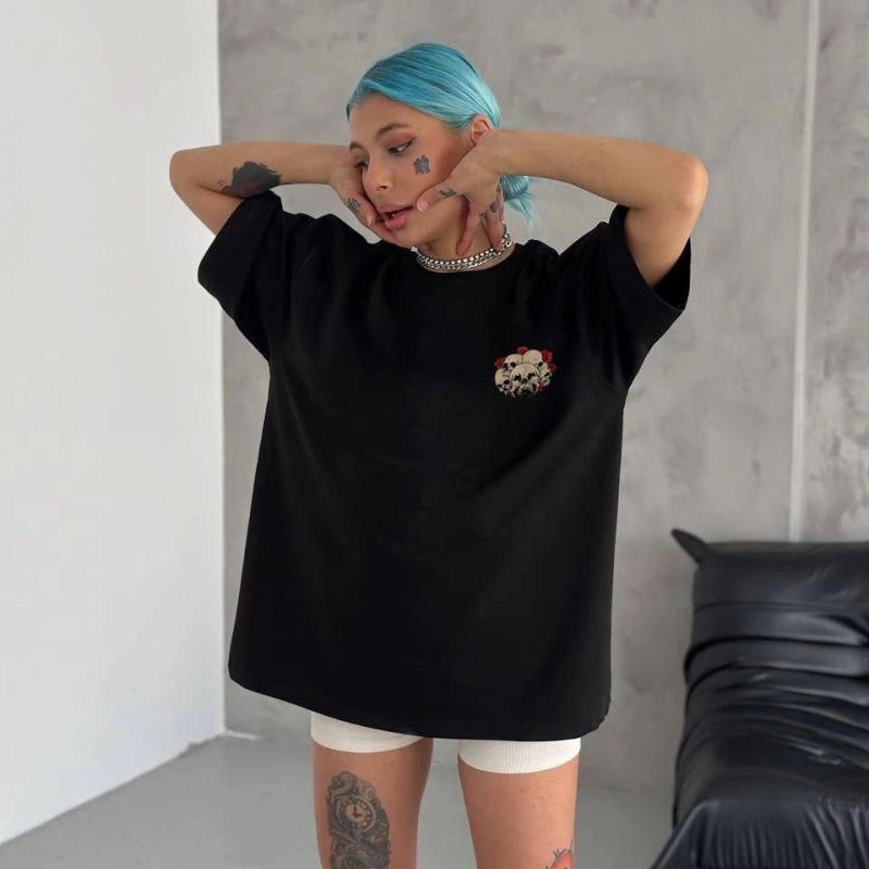 Bisiklet Yaka Baskılı Oversize T-Shirt - Siyah -