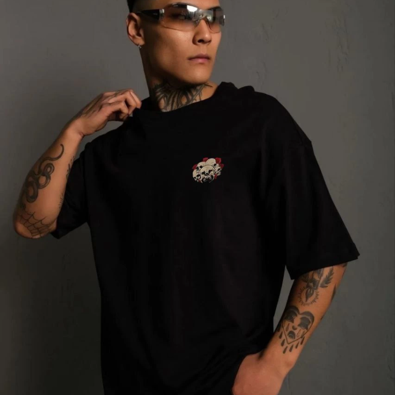 Bisiklet Yaka Baskılı Oversize T-Shirt - Siyah -