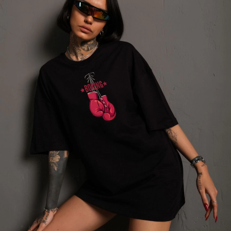 Bisiklet Yaka Baskılı Oversize T-Shirt - Siyah -