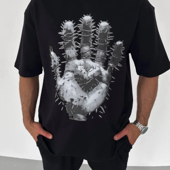 Bisiklet Yaka Baskılı Oversize T-Shirt - Siyah -