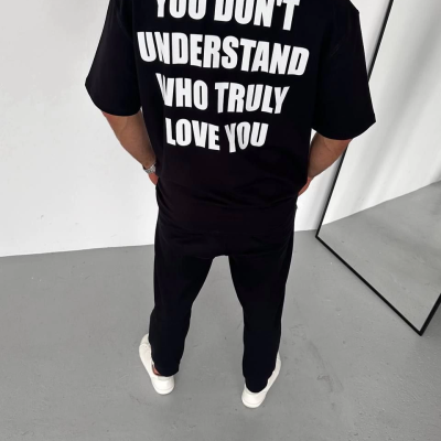 Bisiklet Yaka Baskılı Oversize T-Shirt - Siyah -