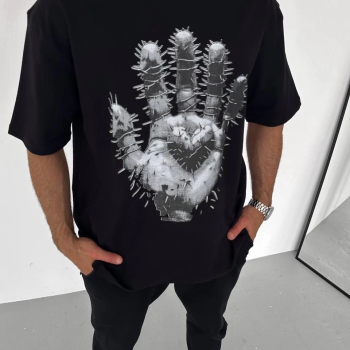 Bisiklet Yaka Baskılı Oversize T-Shirt - Siyah -