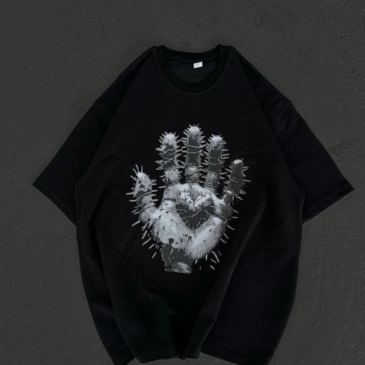 Bisiklet Yaka Baskılı Oversize T-Shirt - Siyah -