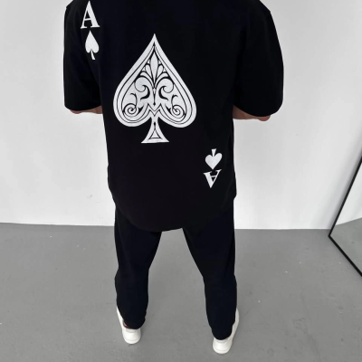 Bisiklet Yaka Baskılı Oversize T-Shirt - Siyah