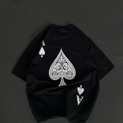 Bisiklet Yaka Baskılı Oversize T-Shirt - Siyah -