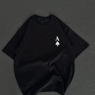 Bisiklet Yaka Baskılı Oversize T-Shirt - Siyah -