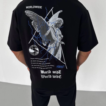 Bisiklet Yaka Baskılı Oversize T-Shirt - Siyah -