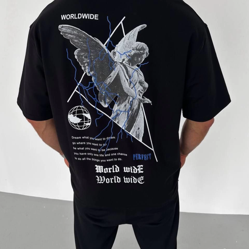 Bisiklet Yaka Baskılı Oversize T-Shirt - Siyah -