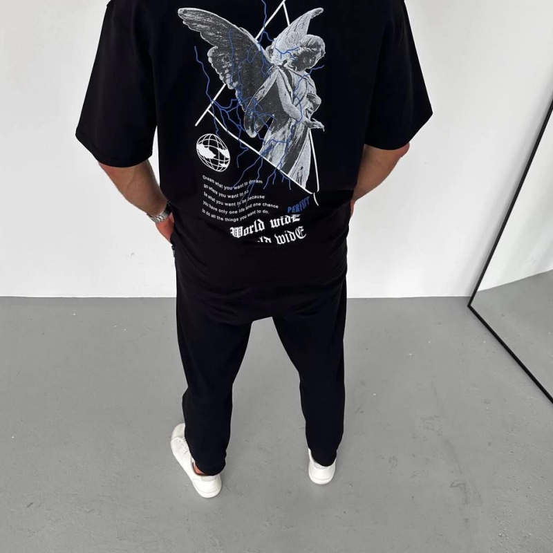 Bisiklet Yaka Baskılı Oversize T-Shirt - Siyah -