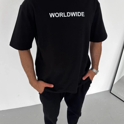 Bisiklet Yaka Baskılı Oversize T-Shirt - Siyah -