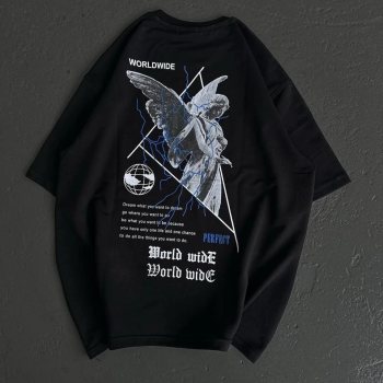 Bisiklet Yaka Baskılı Oversize T-Shirt - Siyah -