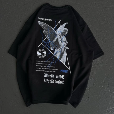 Bisiklet Yaka Baskılı Oversize T-Shirt - Siyah -