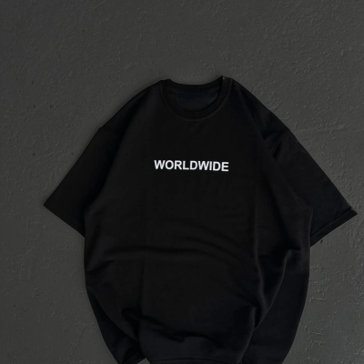 Bisiklet Yaka Baskılı Oversize T-Shirt - Siyah -