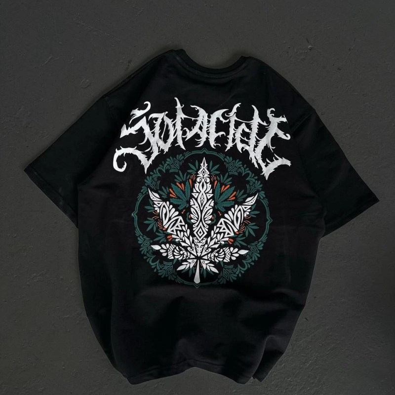 Bisiklet Yaka Baskılı Oversize T-Shirt - Siyah -