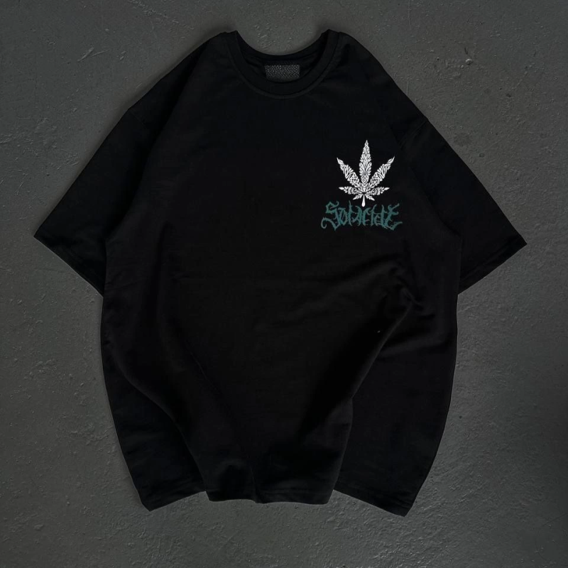 Bisiklet Yaka Baskılı Oversize T-Shirt - Siyah -