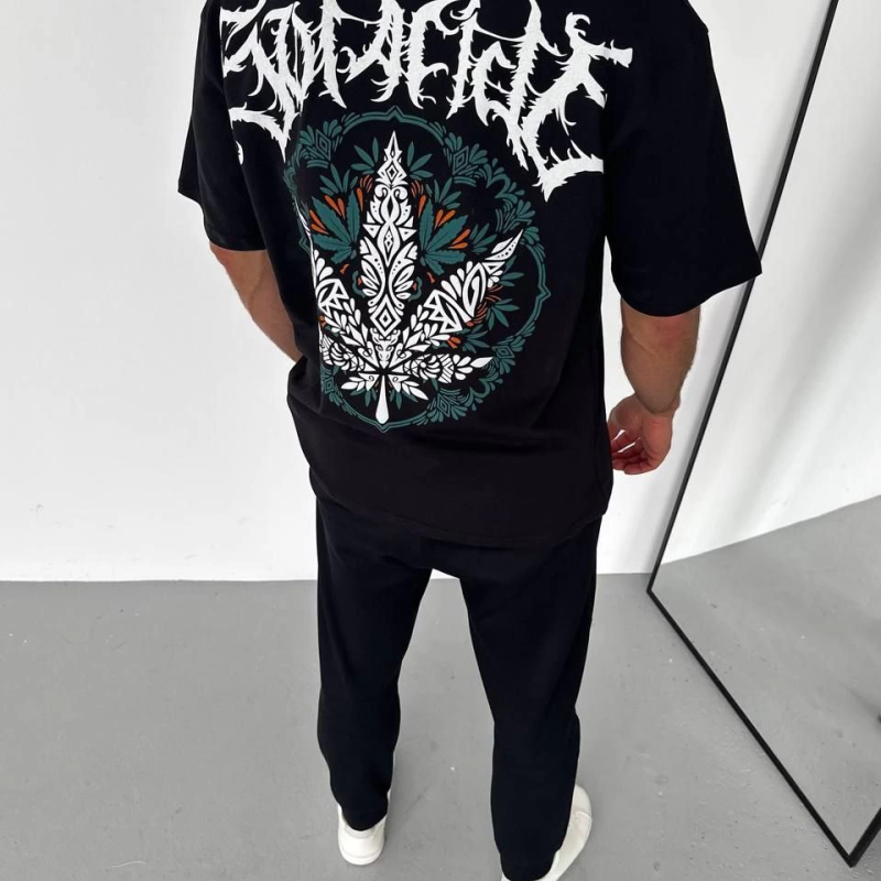 Bisiklet Yaka Baskılı Oversize T-Shirt - Siyah -