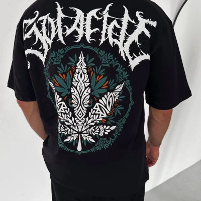 Bisiklet Yaka Baskılı Oversize T-Shirt - Siyah -