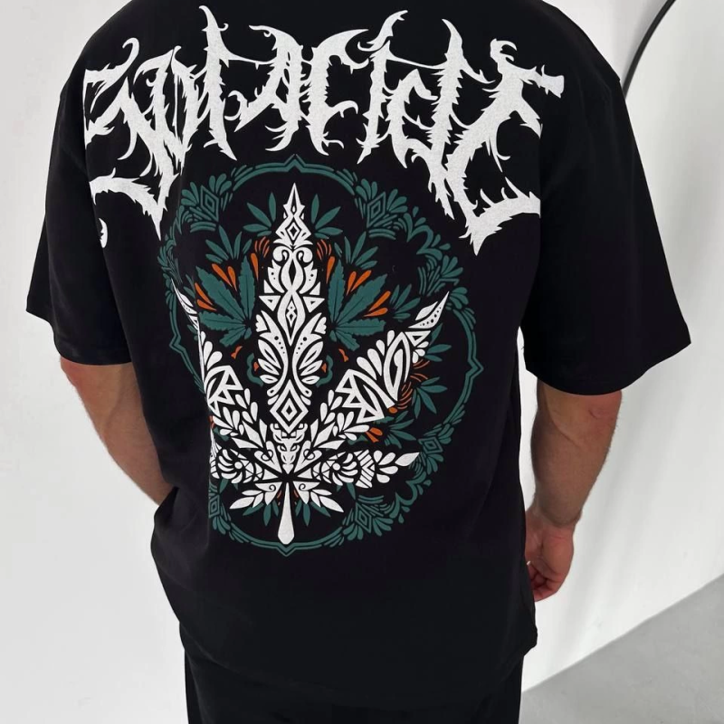 Bisiklet Yaka Baskılı Oversize T-Shirt - Siyah -