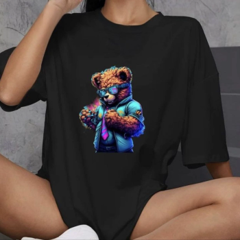 Bisiklet Yaka Baskılı Oversize T-Shirt - Siyah -