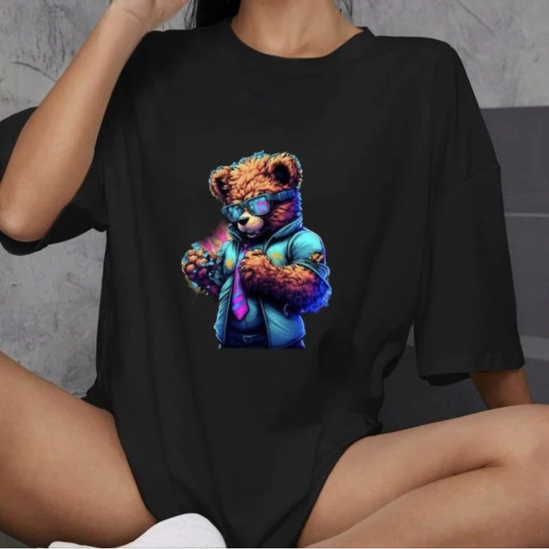 Bisiklet Yaka Baskılı Oversize T-Shirt - Siyah -